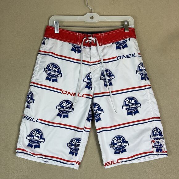 O'neill x Pabst Blue Ribbon Swim Trunk Mens 29‎ White Drawstring Waist Pockets - Picture 1 of 15